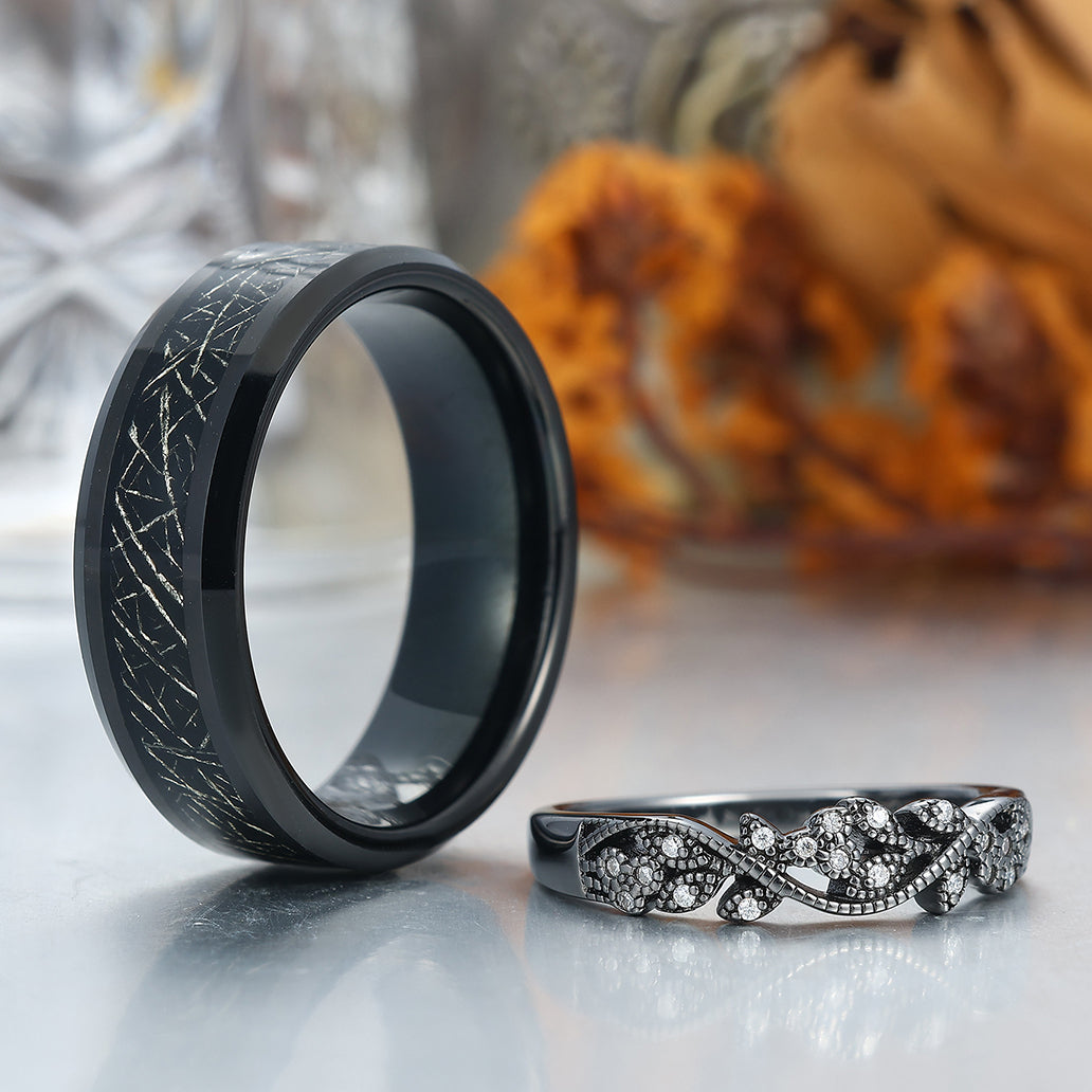 Vintage Black Rutilated Quartz Gold Leaf Tungsten His and Hers Ring Set