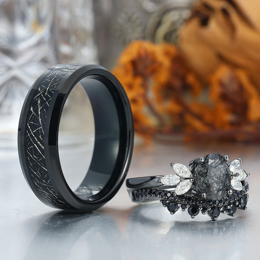 Vintage Oval Black Rutilated Quartz Gold Leaf Tungsten His and Hers Ring Set