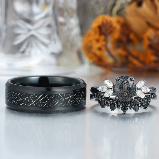Vintage Oval Black Rutilated Quartz Gold Leaf Tungsten His and Hers Ring Set