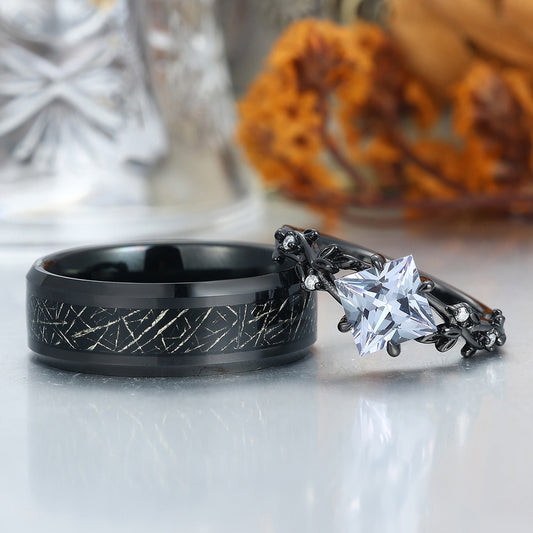 Unique Princess cut Engagement Couple Rings Tungsten Matching Promise His And Hers Wedding Band