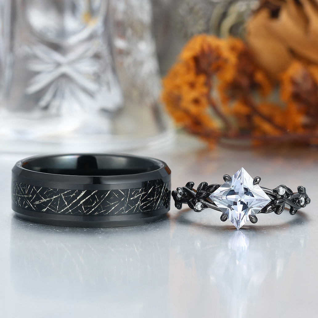 Unique Princess cut Engagement Couple Rings Tungsten Matching Promise His And Hers Wedding Band