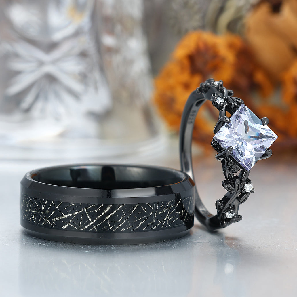 Unique Princess cut Engagement Couple Rings Tungsten Matching Promise His And Hers Wedding Band