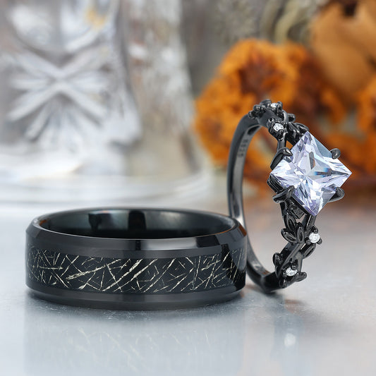 Unique Princess cut Engagement Couple Rings Tungsten Matching Promise His And Hers Wedding Band