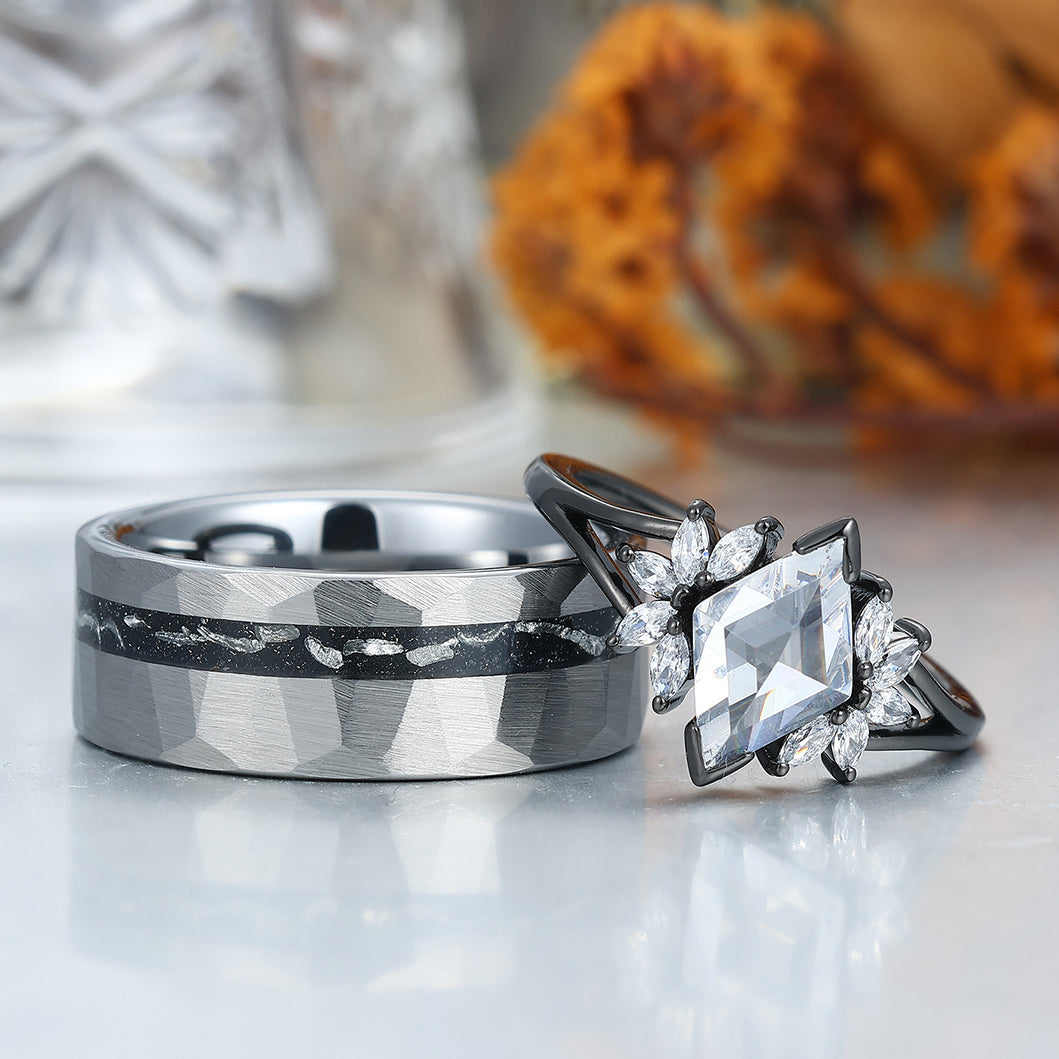 Unique Moissanites Engagement Couple Rings Meteorite Inlay Tungsten Matching Promise His And Hers Wedding Band