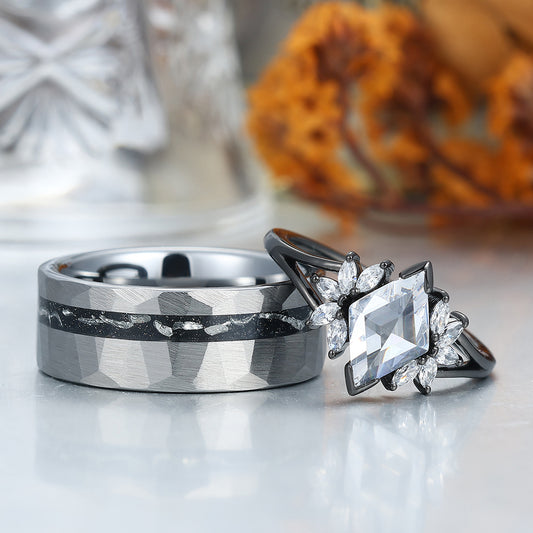 Unique Moissanites Engagement Couple Rings  Meteorite Inlay Tungsten Matching Promise His And Hers Wedding Band