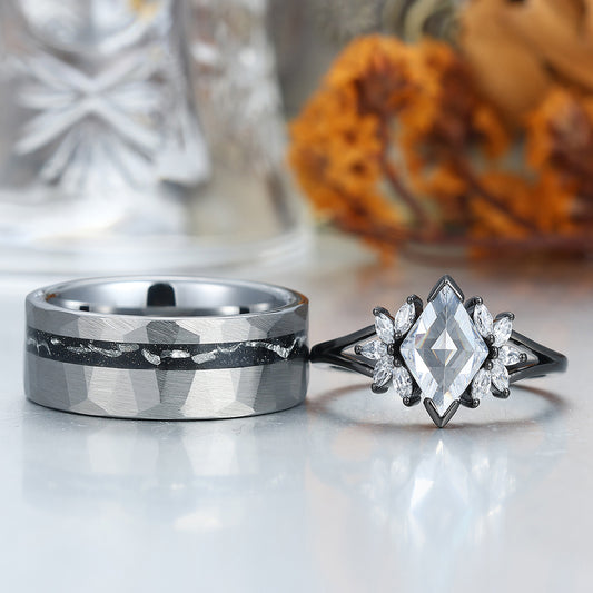 Unique Moissanites Engagement Couple Rings  Meteorite Inlay Tungsten Matching Promise His And Hers Wedding Band