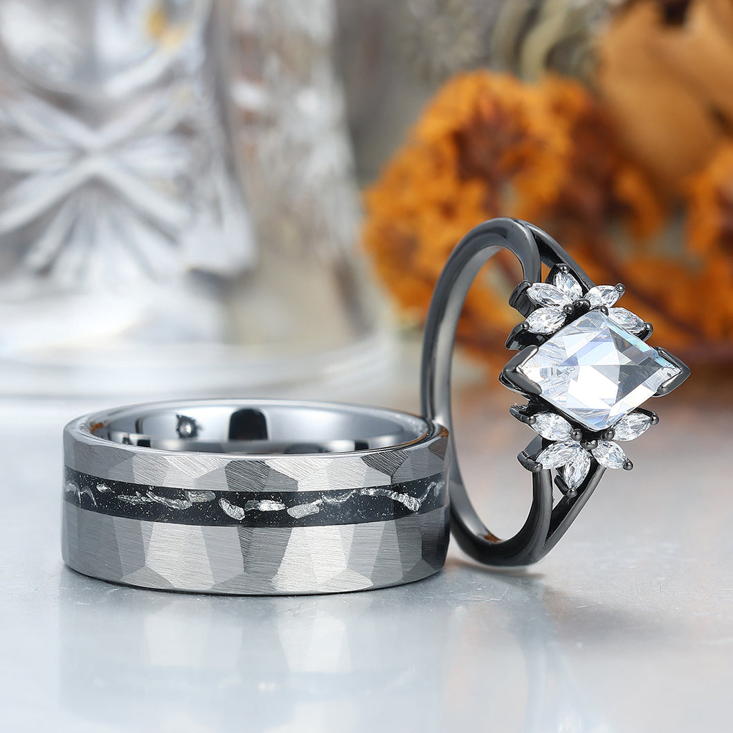 Unique Moissanites Engagement Couple Rings Meteorite Inlay Tungsten Matching Promise His And Hers Wedding Band