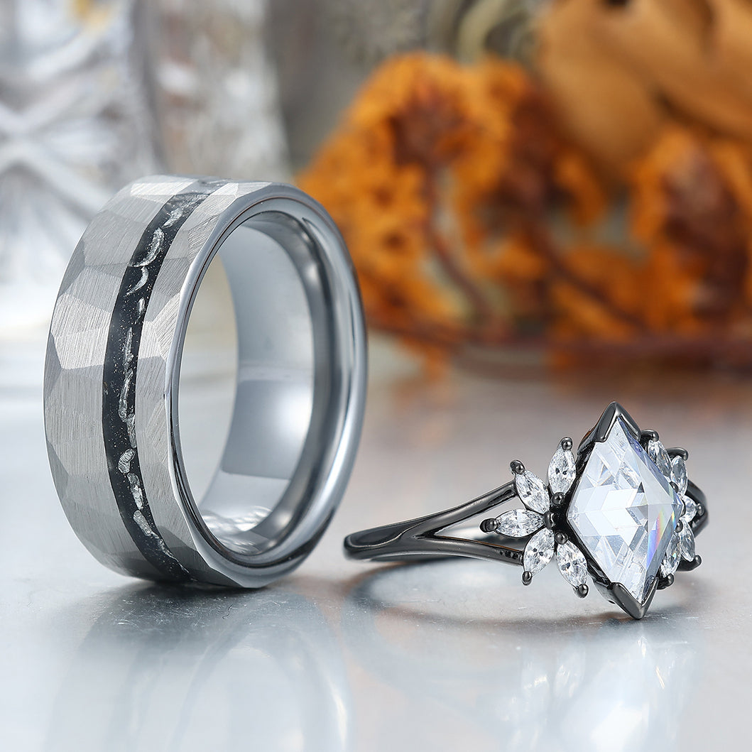 Unique Moissanites Engagement Couple Rings Meteorite Inlay Tungsten Matching Promise His And Hers Wedding Band