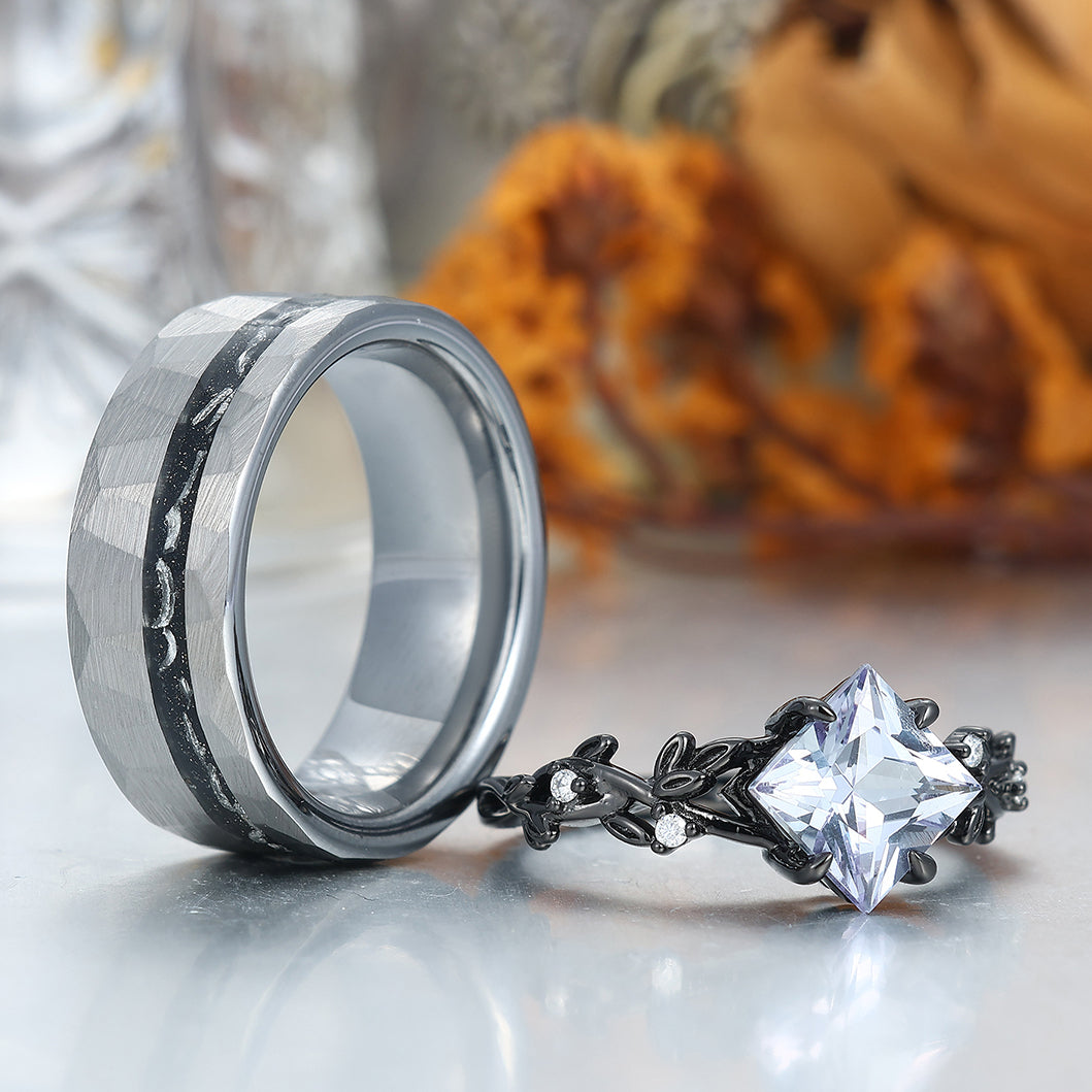 Unique Nature Inspiration Engagement Couple Rings Tungsten Matching Promise His And Hers Wedding Band