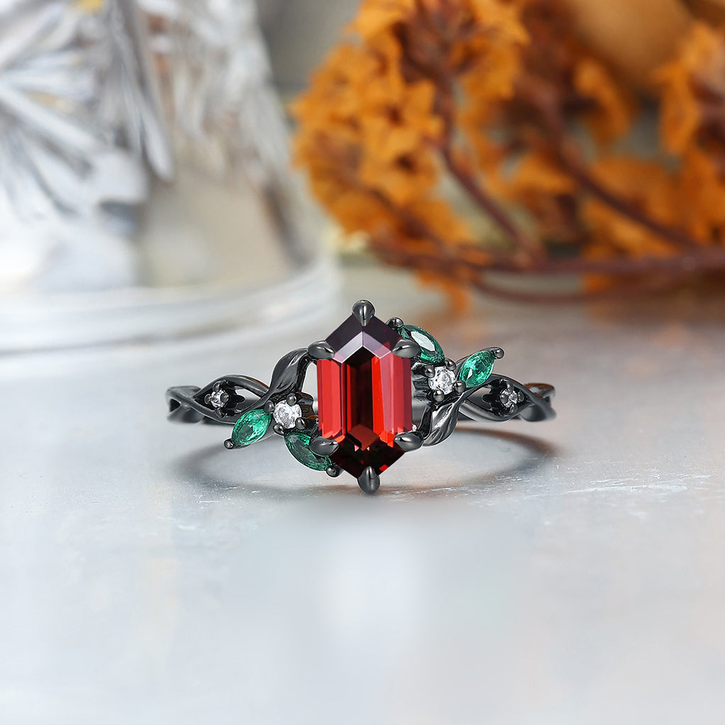 Unique Vine-Wrapped Red Garnet with Emerald Leaf Design Engagement Couple Rings Personalized Couples' Set