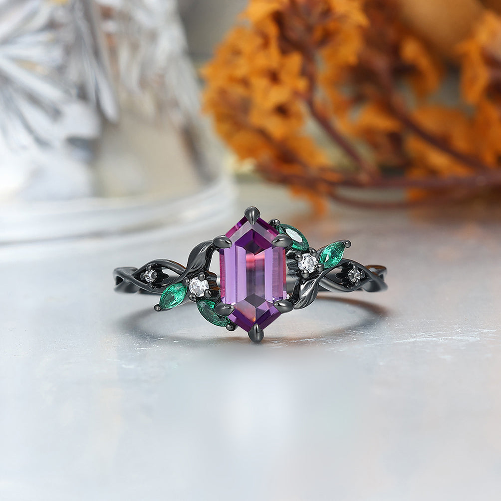 Gorgeous Natural Amethyst Curved Leaf Motifs Couple Rings S925 And Hammered Green Damascus Steel Couples' Set