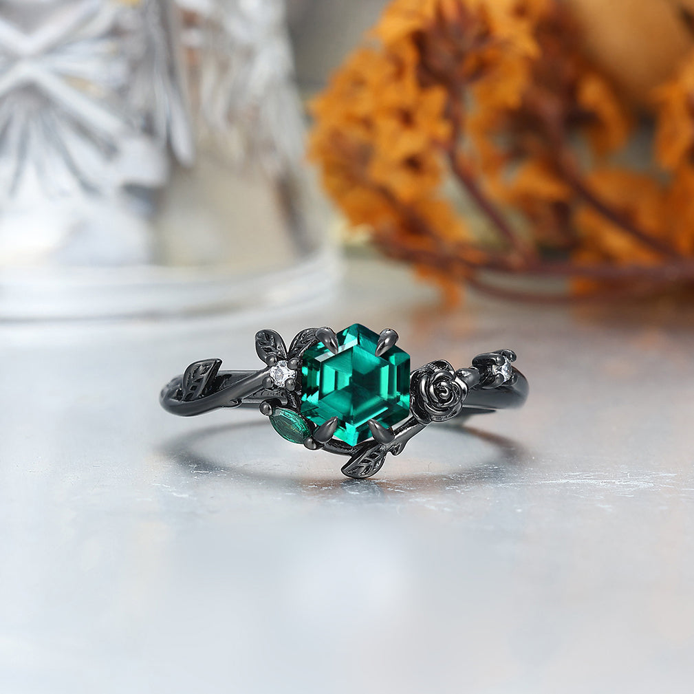 Dainty Emerald Rose And Leaf Carved Engagement Couple Rings Wire Drawed Tungsten Band