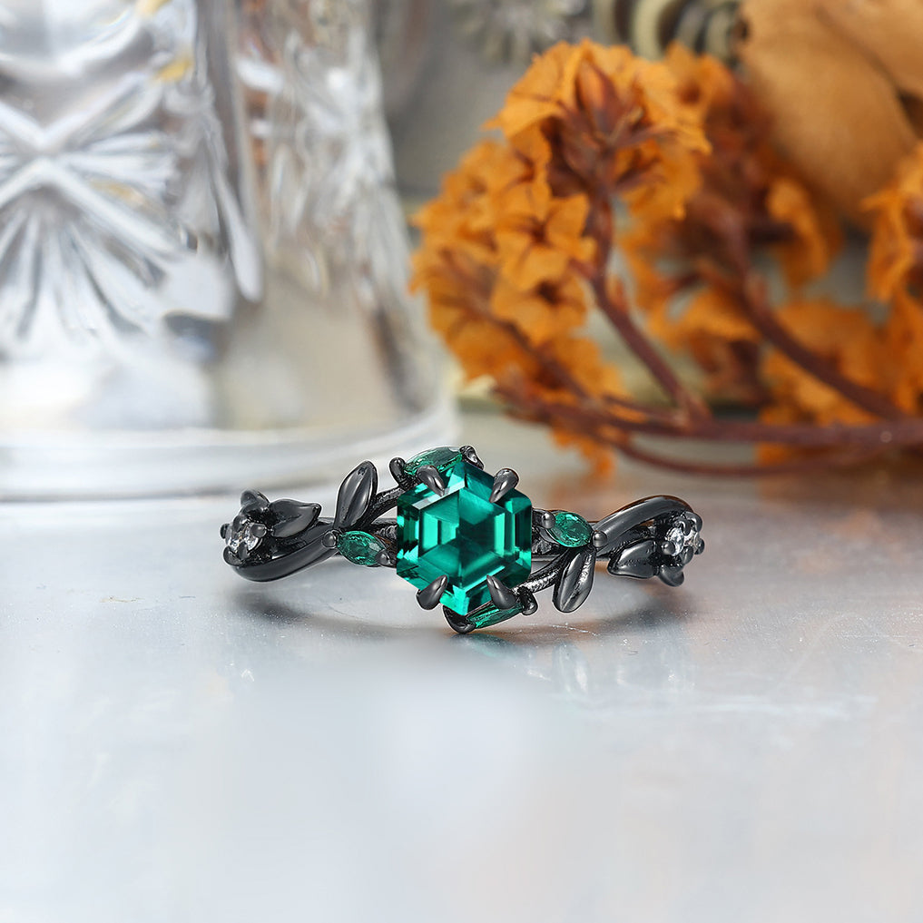 Dainty Emerald Sprigs Engagement Couple Rings Set Promise Green Tungsten Matching Rings