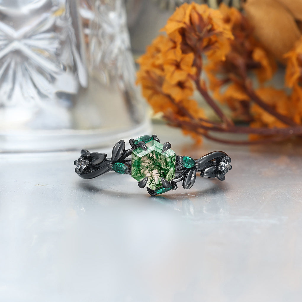Exquisite Moss Agate Sprigs Engagement Couple Rings Promise Green Tungsten Wedding Rings
