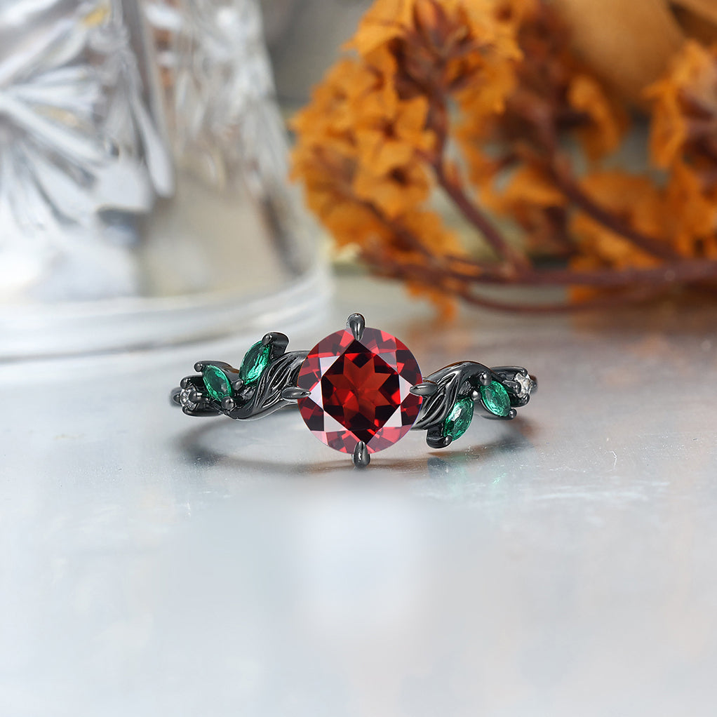Artistic Red Garnet Textured Branches Couples Ring Set Tungsten His and Hers Wedding Band