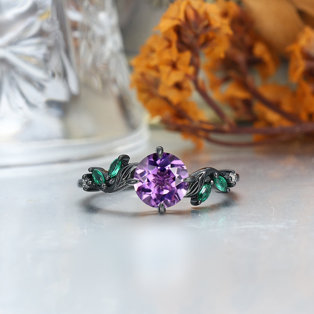 Exquisite Amethyst Leaf Motifs Engagement Couple Rings Promise Matching Crushed Purple Ring