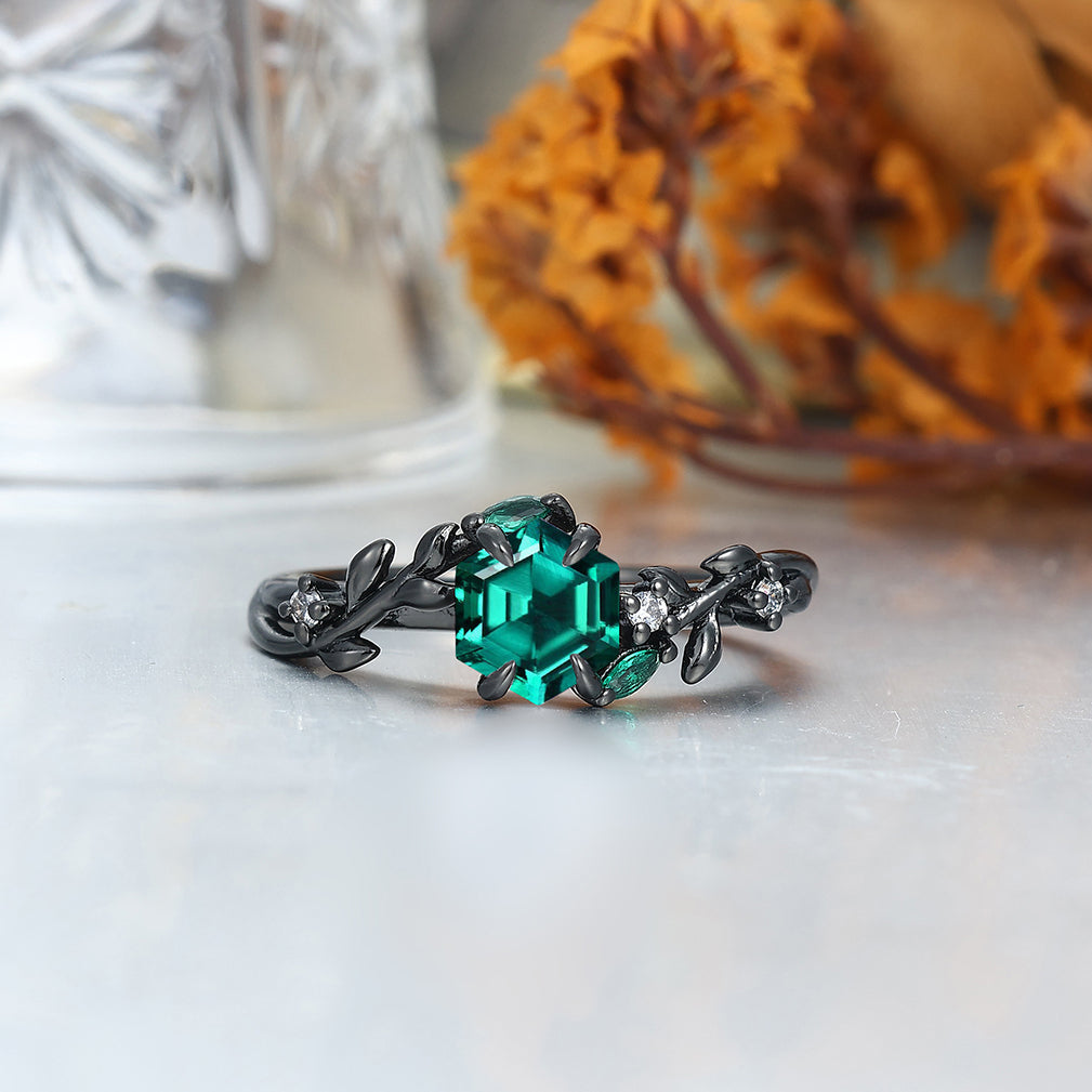 Unique Emerald Couples Ring Set Wood Matching Ring His and Hers Wedding Ring Set
