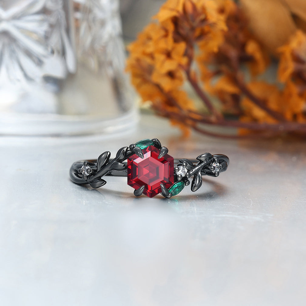 Hexagon Cut Natural Red Garnet Rings For Couples His And Hers Weddding Band Matching Ring