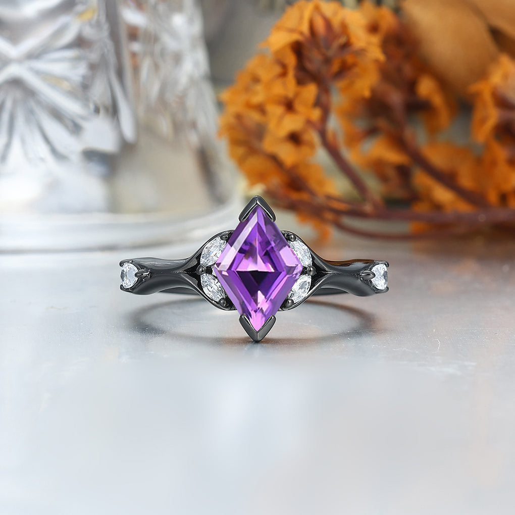 Stylish Rhombus Amethyst His And Her Wedding Bands Matching Hammered Personalized Couples' Set