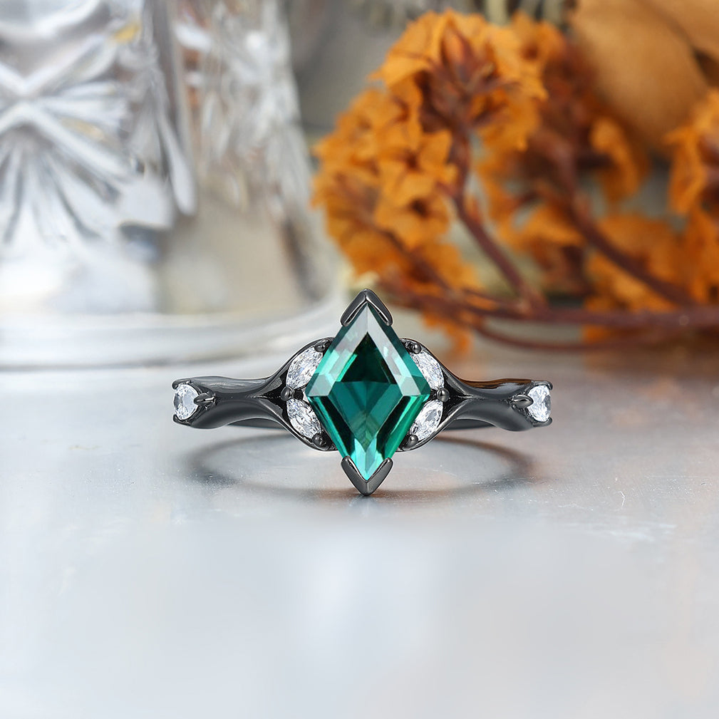 Art Deco Emerald Engagement Couples Rings Matching Green Gemstone Hammered Tungsten Matching Rings for Couples