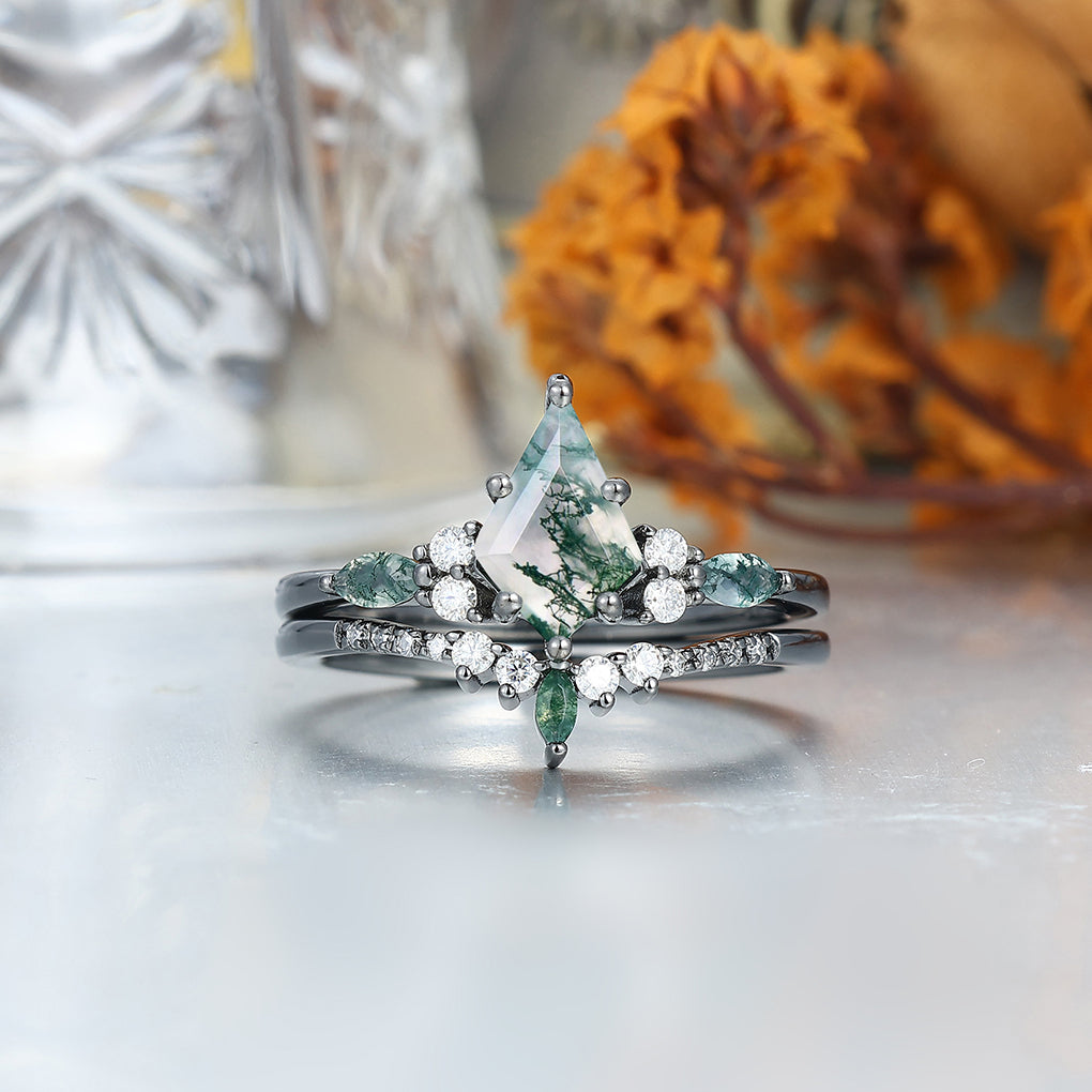 Vintage Kite Shape Green Moss Agate Couples Ring Set 925 Sliver His and Hers Wedding Band