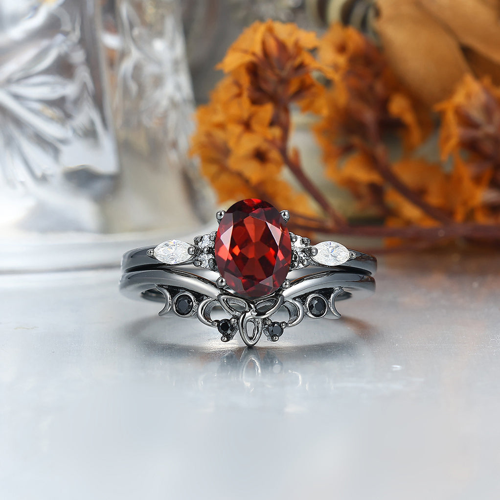 Vintage Oval Red Garnet Tungsten Ruby Couples Ring Set 925 Sterling Sliver Black His and Hers Wedding Band
