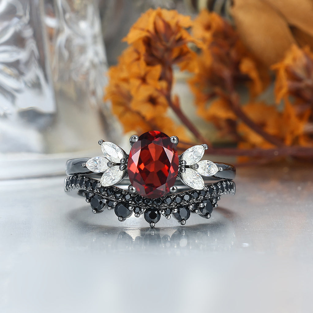 Vintage Oval Red Garnet Couples Ring Set His and Hers Hammered Tungsten Wedding Band