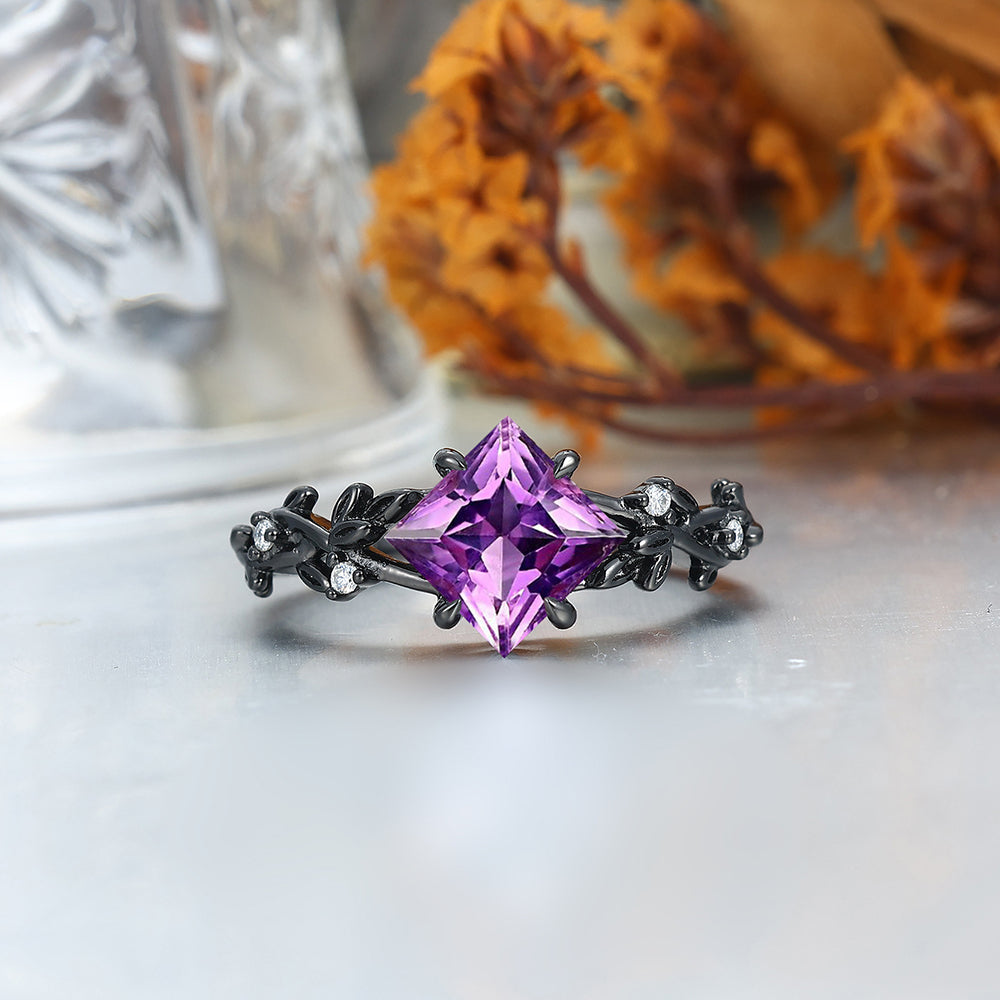 Interlaced Leaf Branches Amethyst Engagement Rings For Couples Matching Purple Damascus Steel Wedding Bands