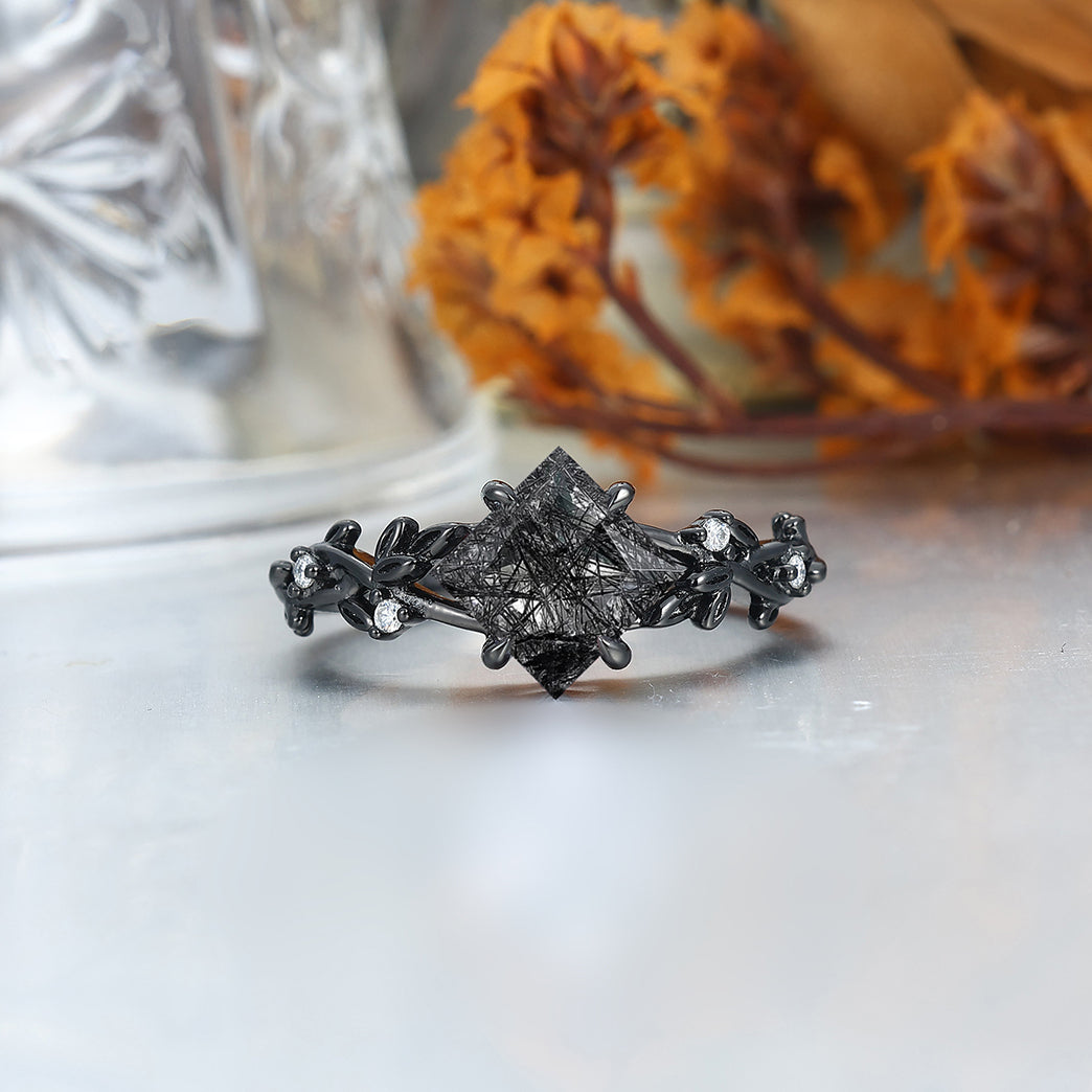 Princess Cut Black Rutilated Quartz Engagement Couples Ring S925 And Tungsten Matching Ring