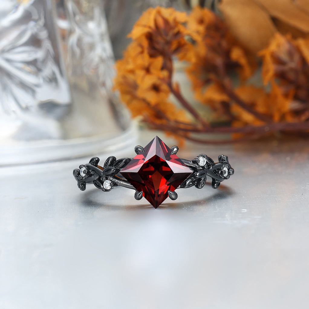2CT Princess Cut Red Garnet Twig Engagement Couple Rings Tunsten Birthday Anniversary Ring