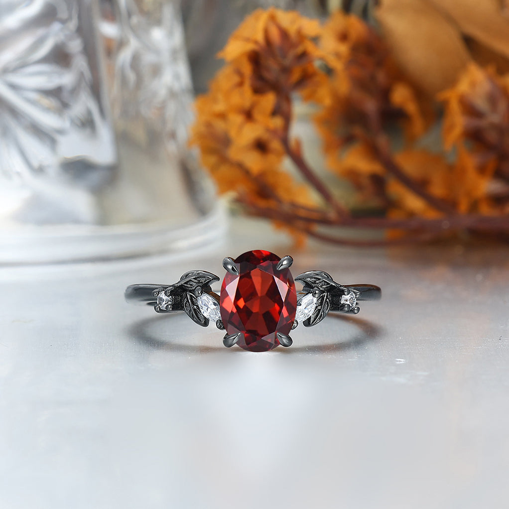 Leaves Natural Red Garnet Engagement Black Plated Couples Ring Hammered Tungsten Matching Band Couples' Set