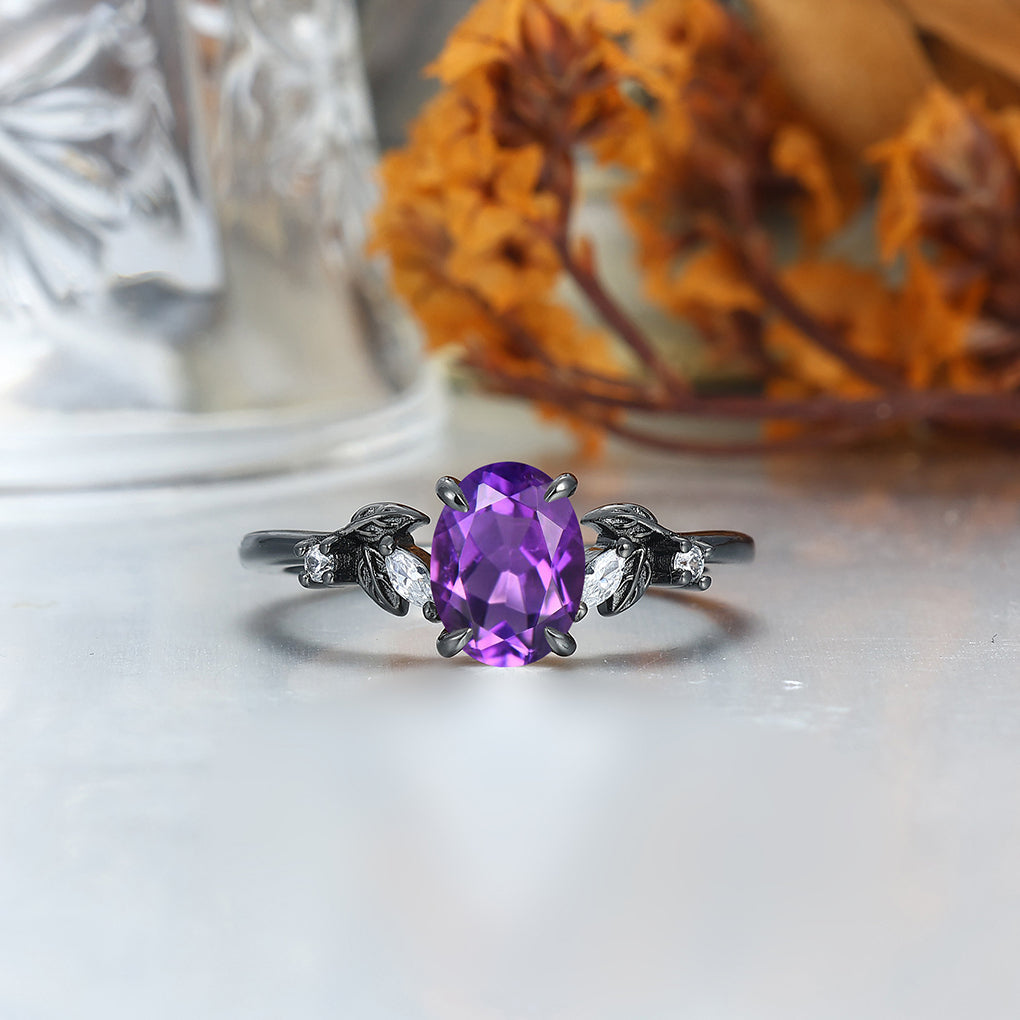 Dainty Natural Amethyst Leaves Couples Ring Set Amethyst Tungsten Inlay Matching Ring