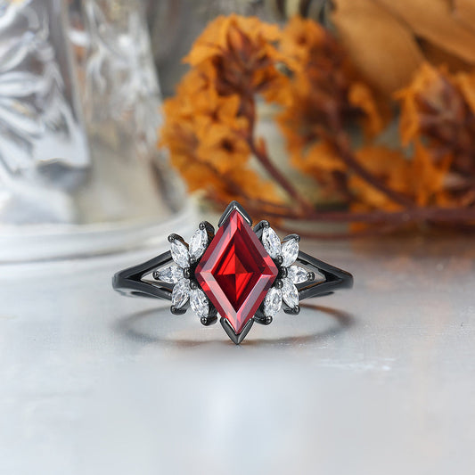 Delicate Red Garnet Petal Engagement Couple Rings Matching Promise Red Tungsten Wedding Band
