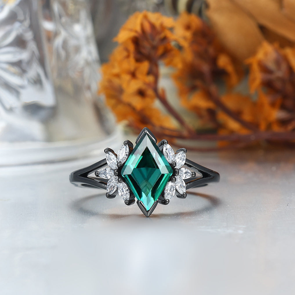 Romantic Emerald Petal Engagement Couple Rings Promise Black Tungsten Wedding Band