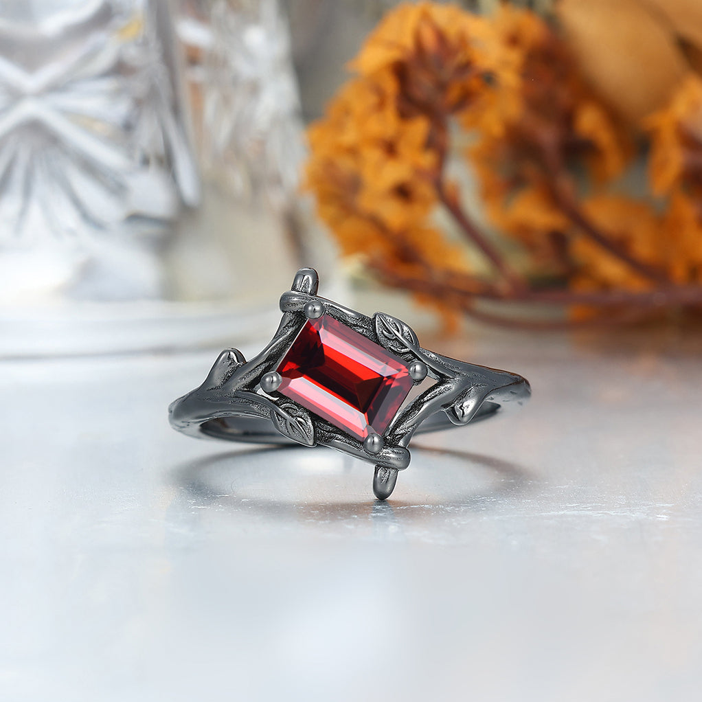 Emerald Cut Red Garnet Branches Couples Ring Set Red Opal Tungsten Matching His and Hers Wedding Band