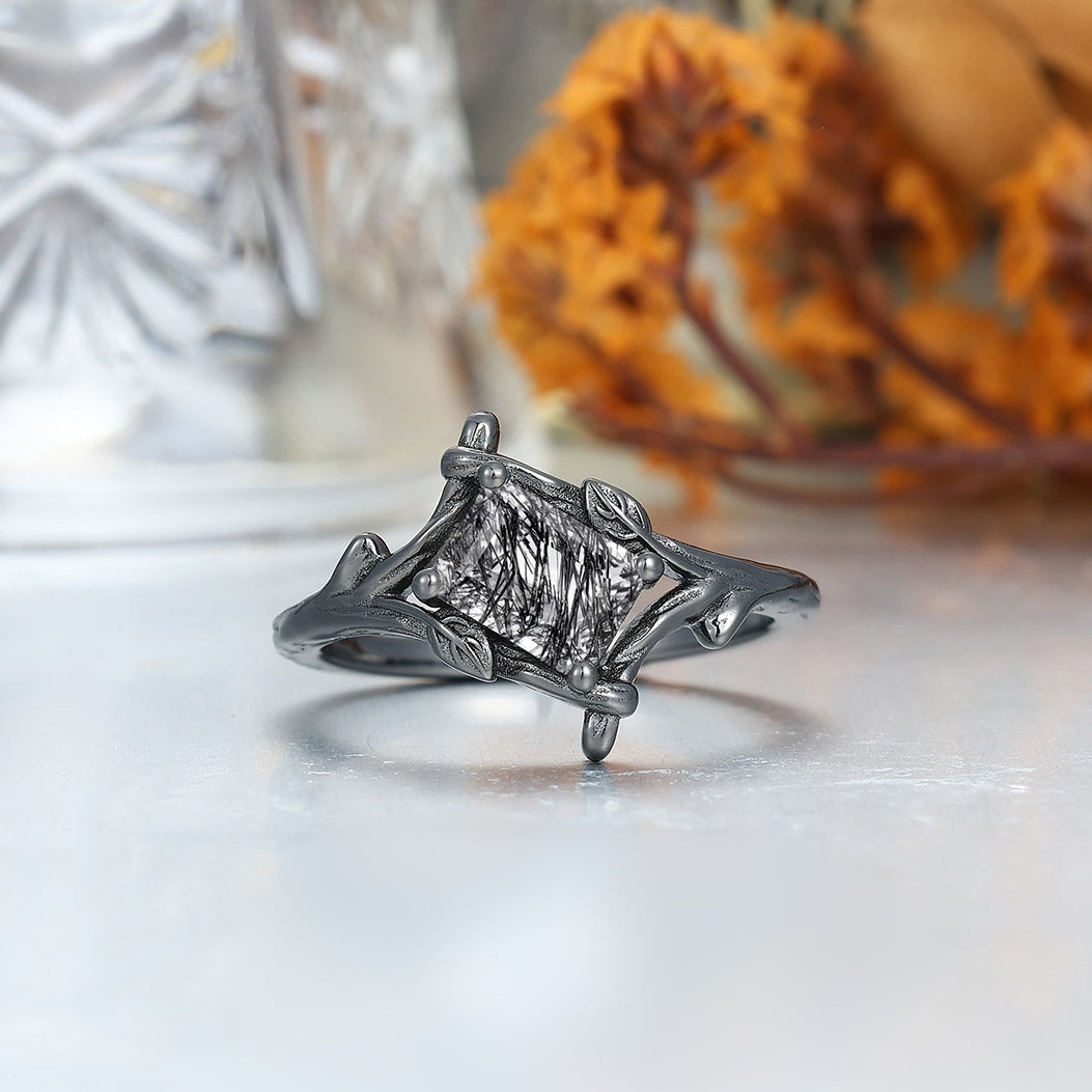 Art Deco Black Rutilated Quartz Branches Engagement Couple Rings Tungsten Black Plated Marriage Ring