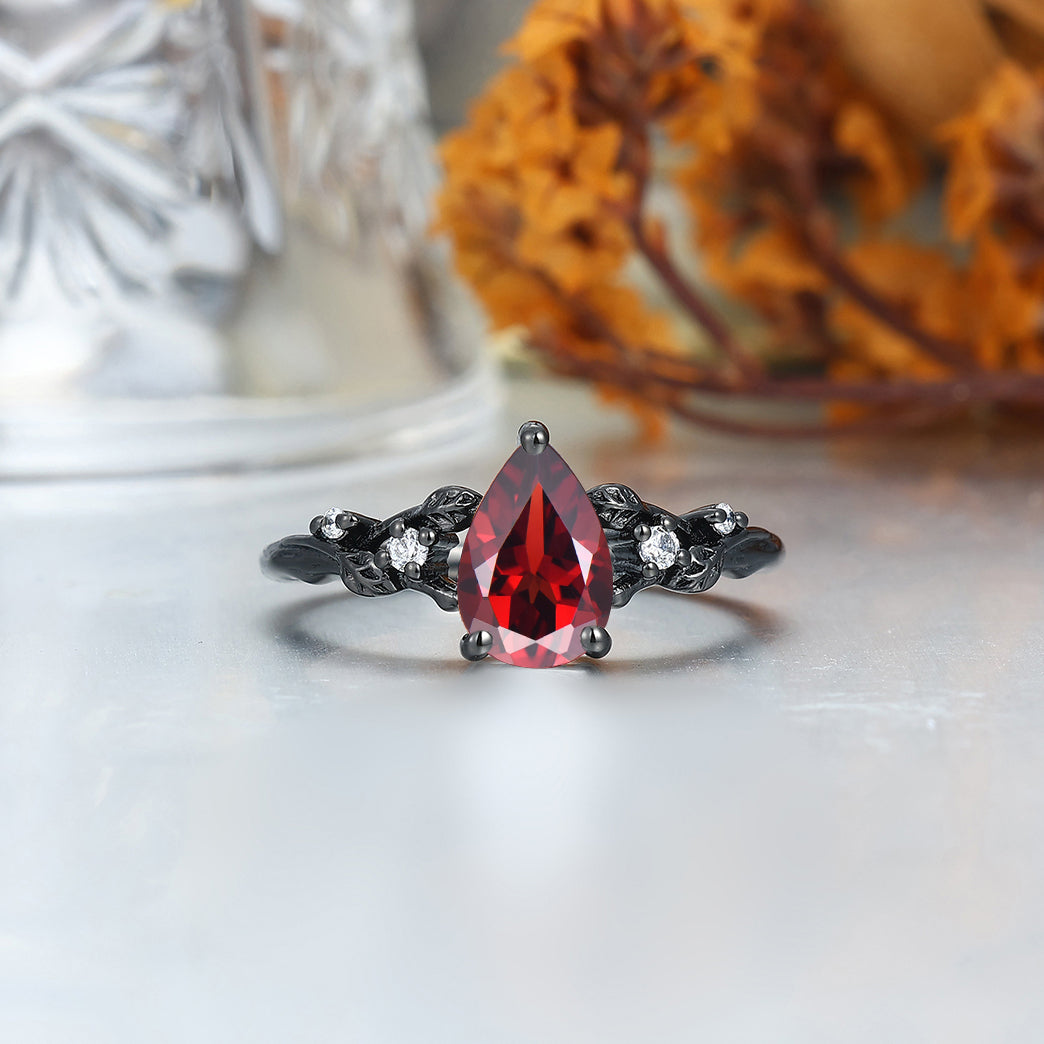 Leaves Design Natural Red Garnet Couple Rings Red Tungsten His And Hers Wedding Ring Set