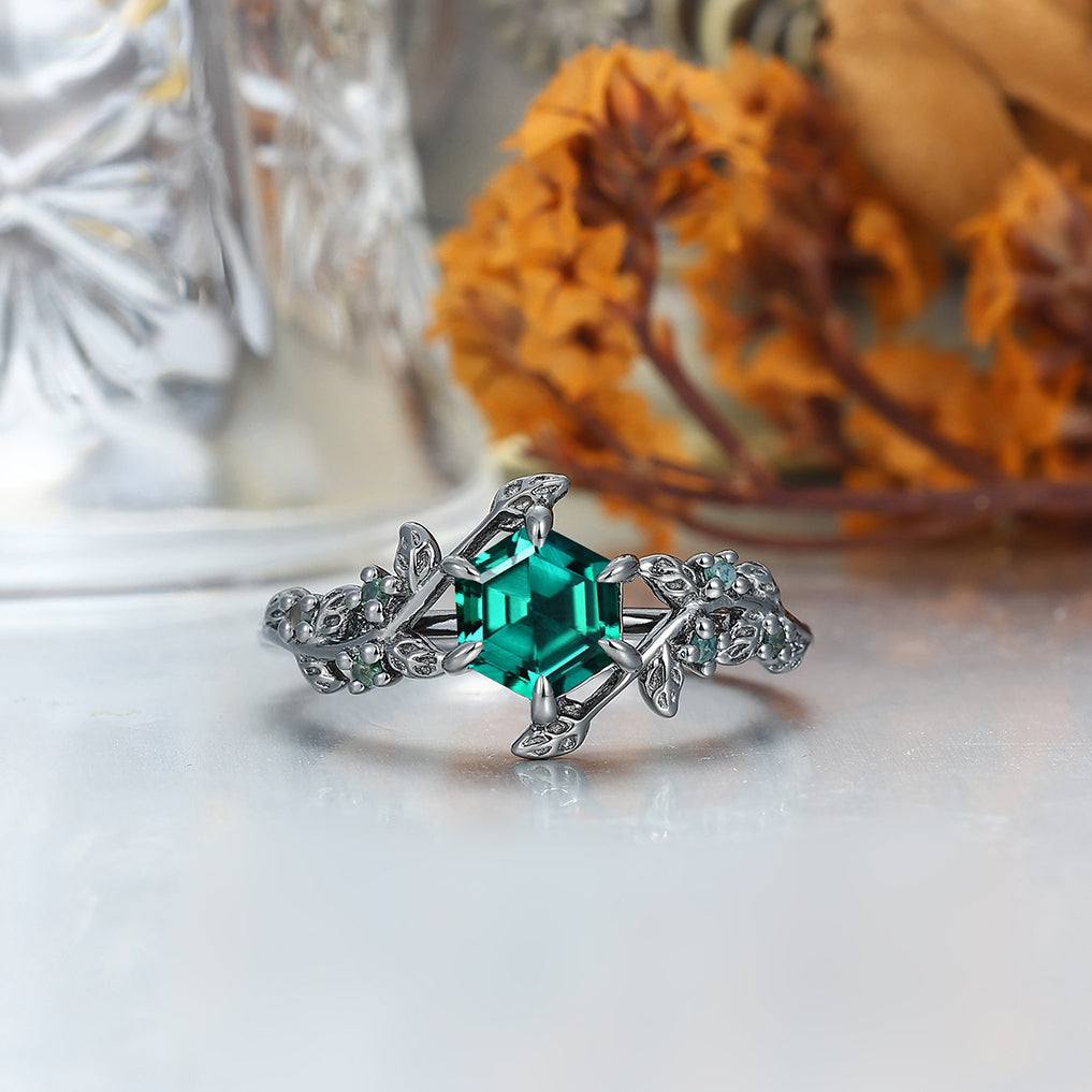 Brilliant Hexagon Cut Emerald Engagement Leaf Ring Set S925 And Tungsten Matching Ring