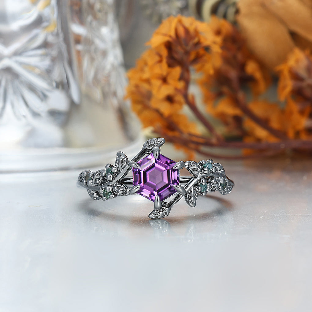 Personalized Natural Amethyst Leaves His And Hers Wedding Bands Matching Purple Tungsten Rings