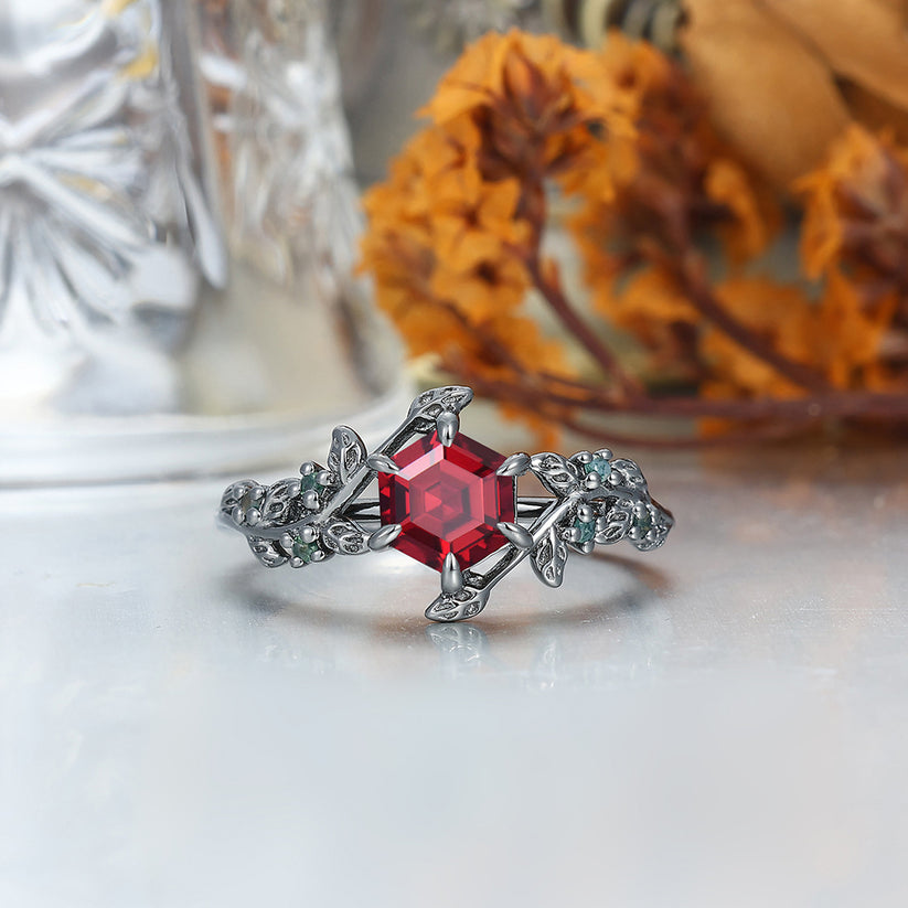Unique Red Garnet Leaf Design Engagement Couple Rings Red And Green His and Hers Wedding Band