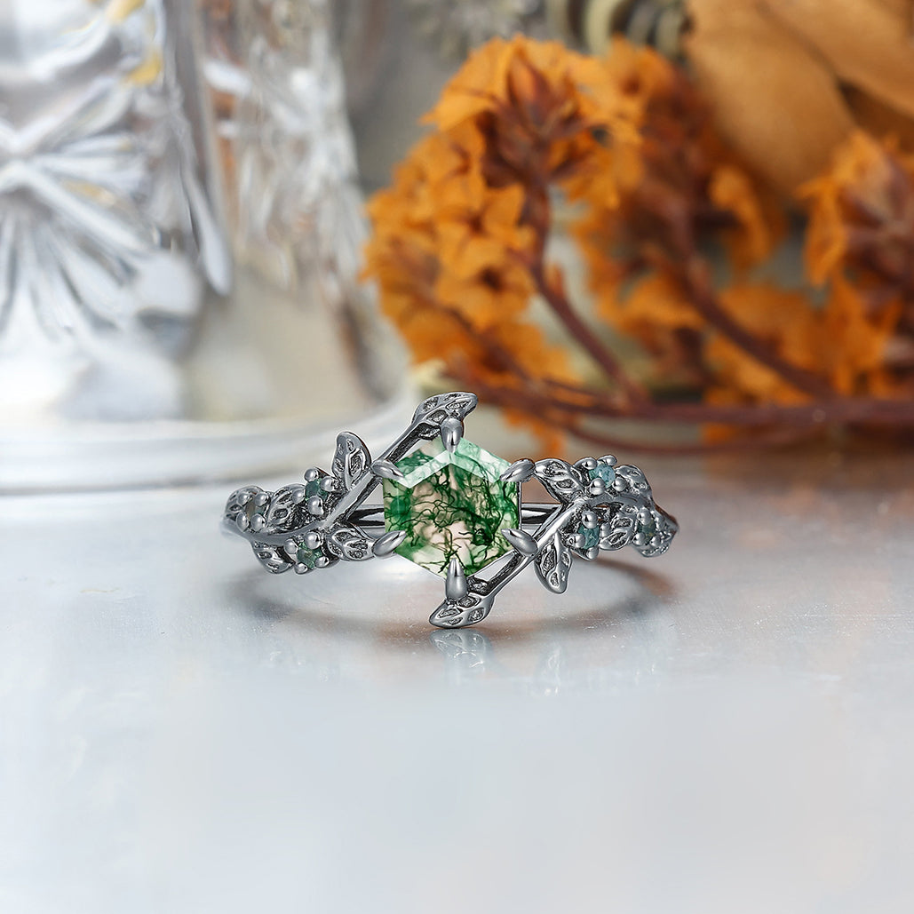 Moss Agate Couples Ring Set 925 Sterling Silver And Blue Tungsten Matching Ring