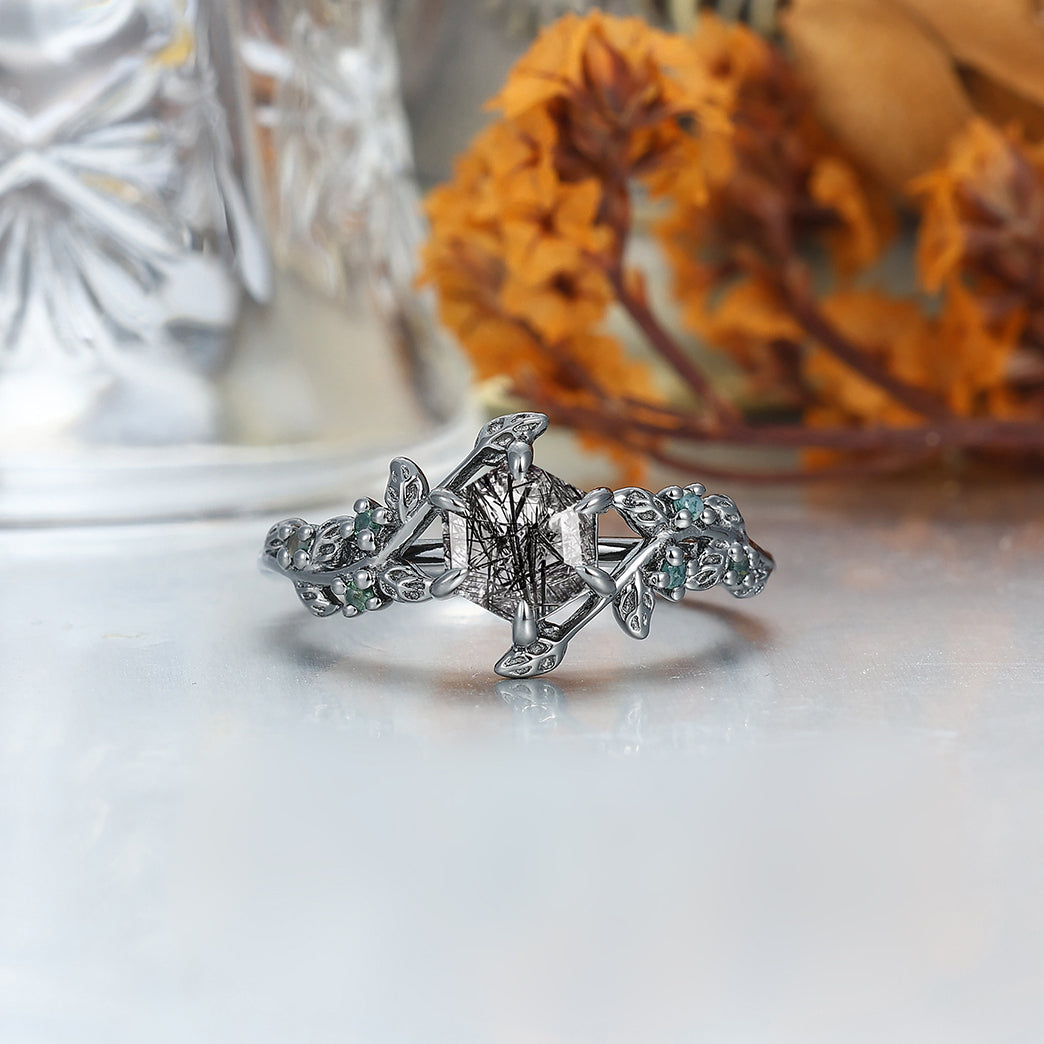 Hexagon Black Rutilated Quartz Leaf Design Couples Ring Set His and Hers Wedding Band