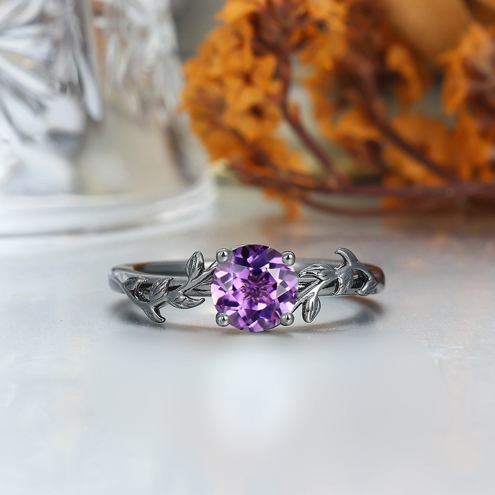 Solitaire Round Cut Amethyst Couples Ring Set Silver And Damascus Steel Matching Ring