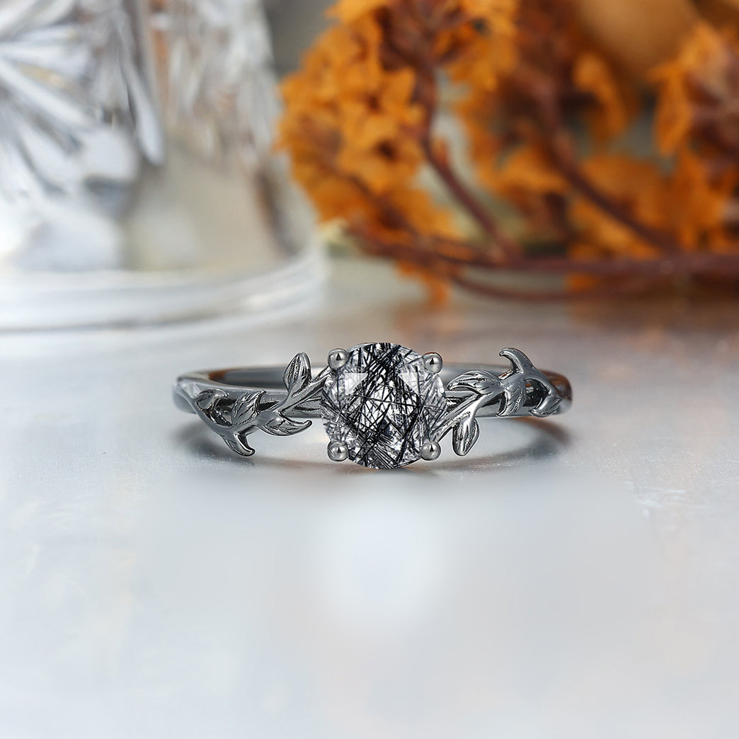 Stylish Black Rutilated Quartz Leaf Engagement Couple Rings Matching Hammered Tungsten Wedding Band