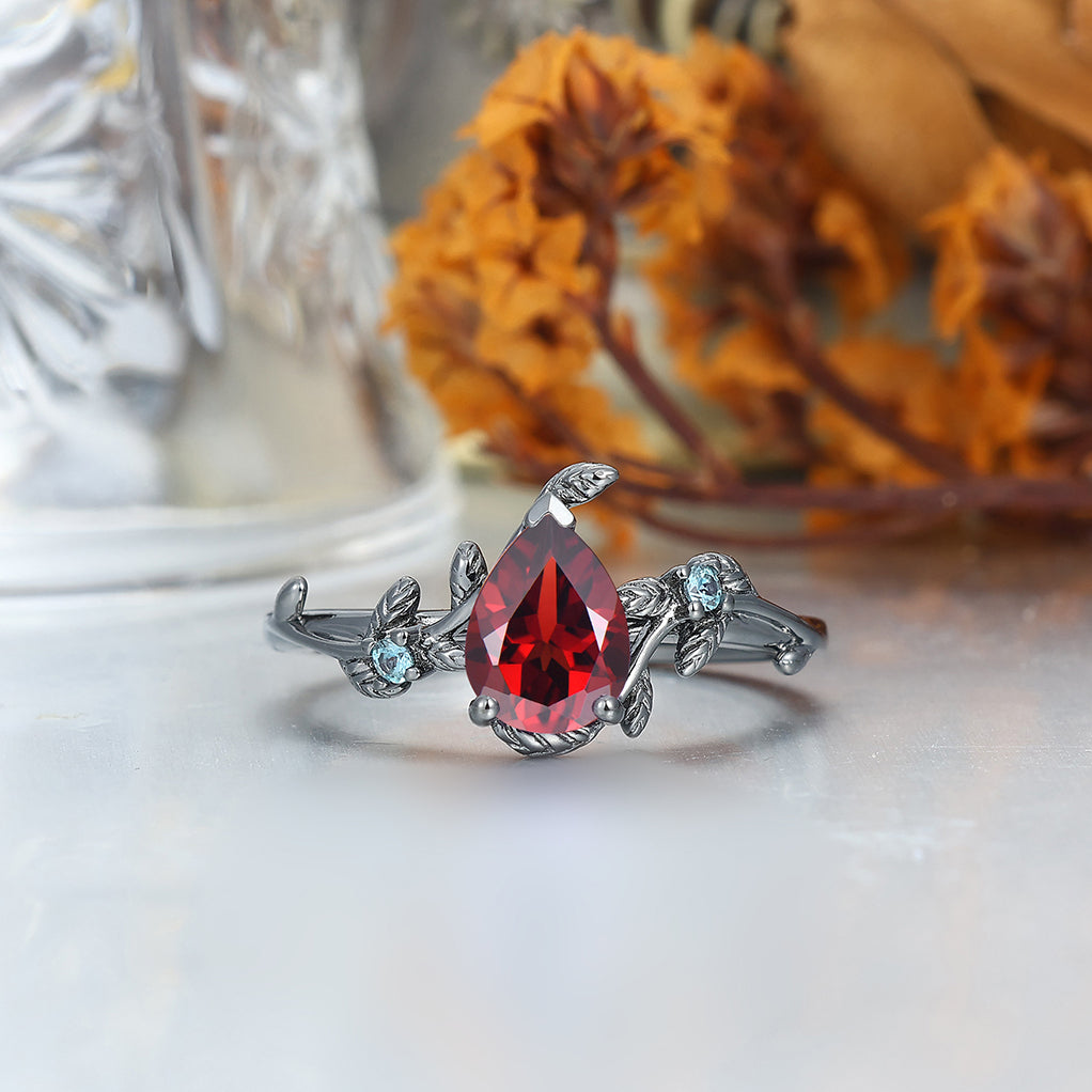 Pear Cut Natural Red Garnet Engagement Aquamarine Inlaid His and Hers Wedding Ring