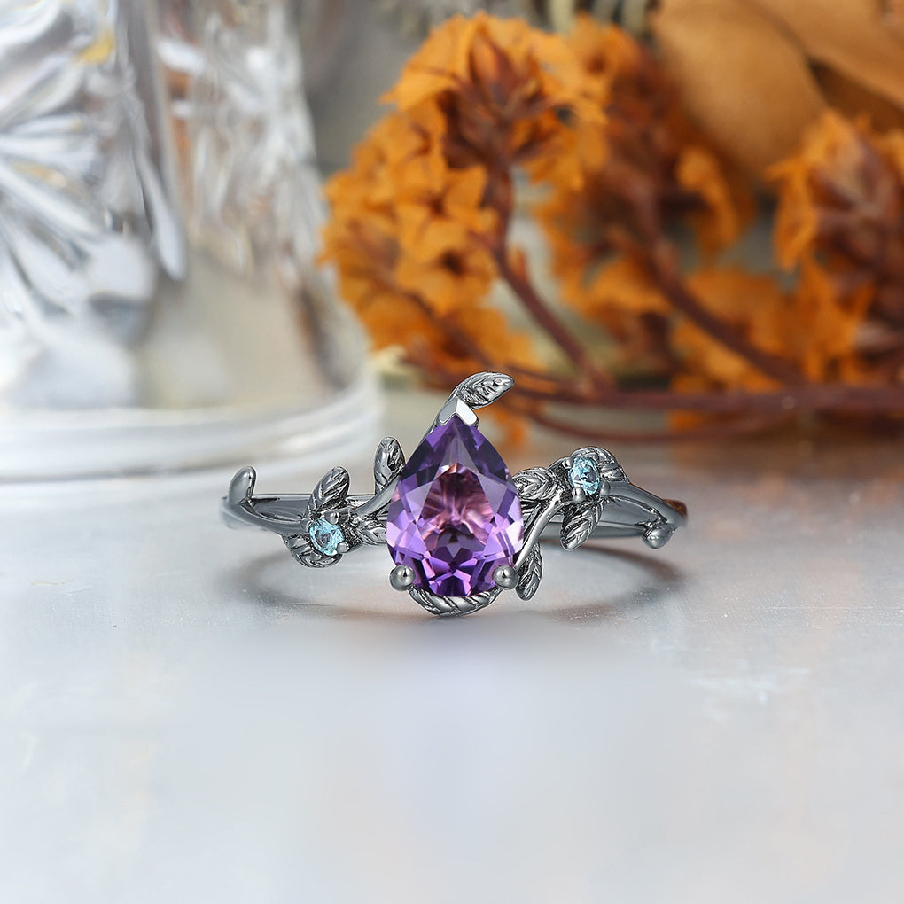 Unique Pear Cut Natural Amethyst Engagement Alexandrite Inlaid Couples Ring Set For Wedding Gift