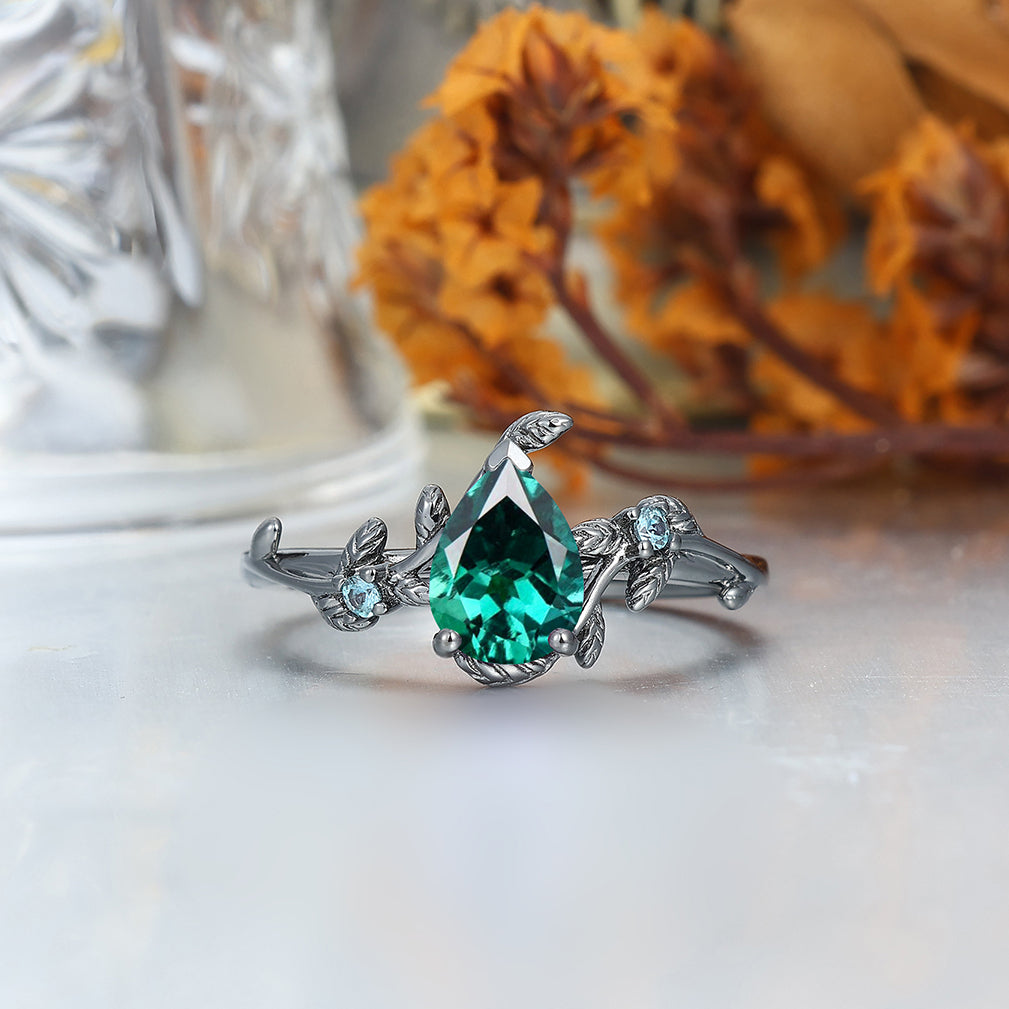Classic Pear Lab Emerald Leaves Vines Engagement Couple Rings Wedding Bands For Men And Women