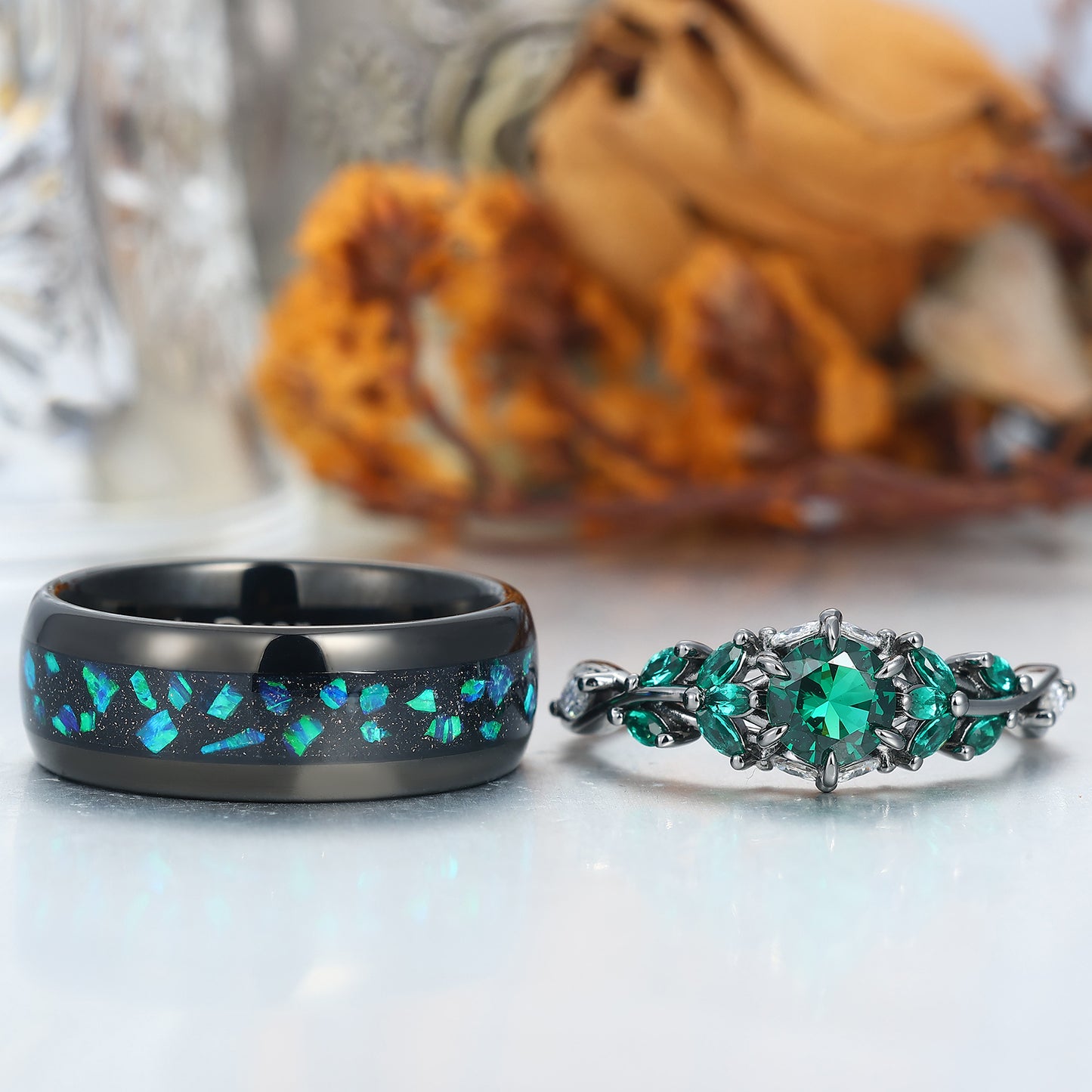 Emerald Engagement Couples Ring Set And Peacock Opal Tungsten Matching Ring His and Hers Ring Set