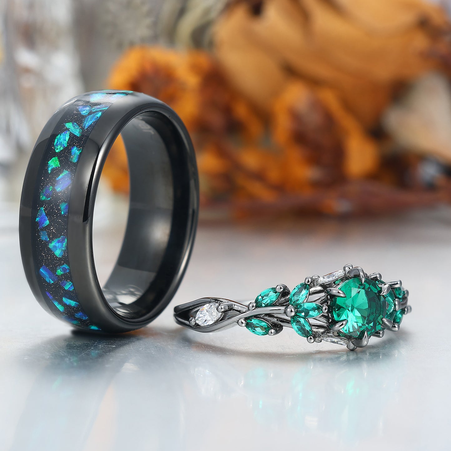Emerald Engagement Couples Ring Set And Peacock Opal Tungsten Matching Ring His and Hers Ring Set