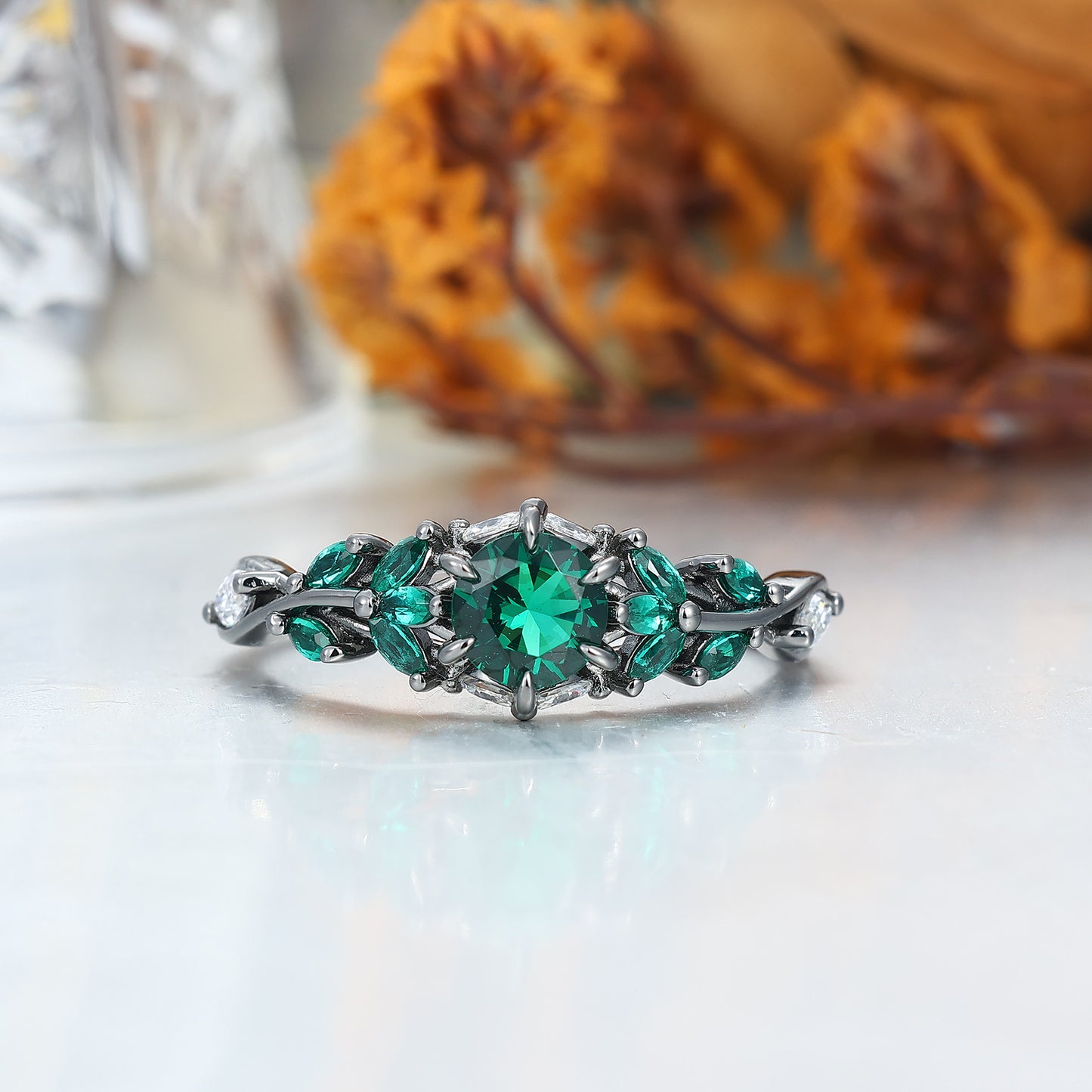 Emerald Engagement Couples Ring Set And Peacock Opal Tungsten Matching Ring His and Hers Ring Set